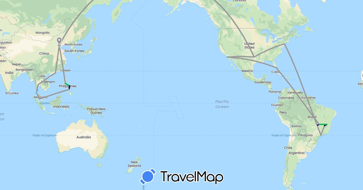 TravelMap itinerary: driving, bus, plane, boat in Brazil, China, Malaysia, Philippines, Thailand, United States (Asia, North America, South America)